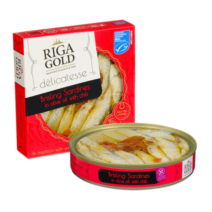 Kup teraz ➡ Brisling sardynki w oliwie z oliwek z chilli - Riga Gold 120g