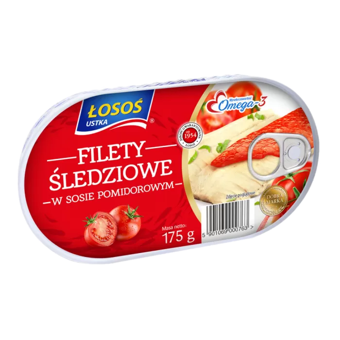 Kup teraz ➡ Filet śledziowe w sosie pomidorowym - Łosoś Ustka 175g Kup teraz ➡ Filet śledziowe w sosie pomidorowym - Łosoś Ustka 175g
