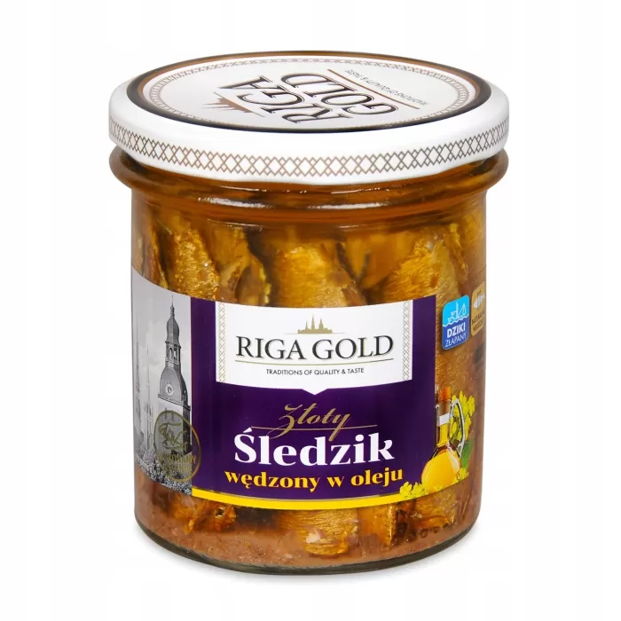Kup teraz ➡ Złoty Śledzik Wędzony w oleju - Riga Gold 300g, niska cena, szybka dostawa Kup teraz ➡ Złoty Śledzik Wędzony w oleju - Riga Gold 300g, niska cena, szybka dostawa